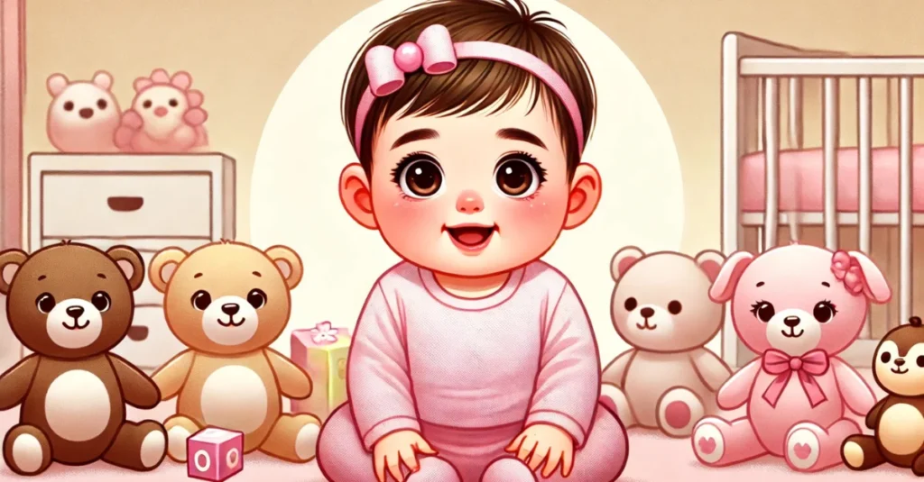 Digital illustration of an 8-month-old baby girl with a pink headband, wearing a light pink onesie, surrounded by soft toys