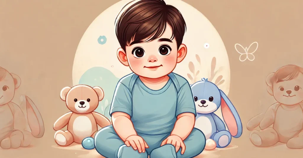 Digital illustration of an 8-month-old baby boy sitting and smiling, wearing a light blue onesie with soft toys around