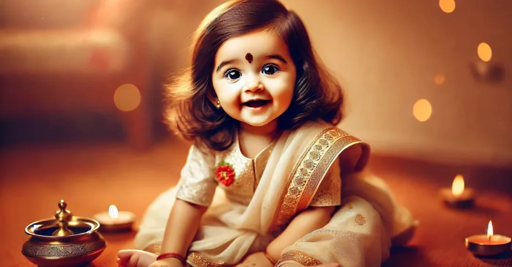 A cute Marathi baby girl dressed in traditional attire with a bindi, smiling joyfully.