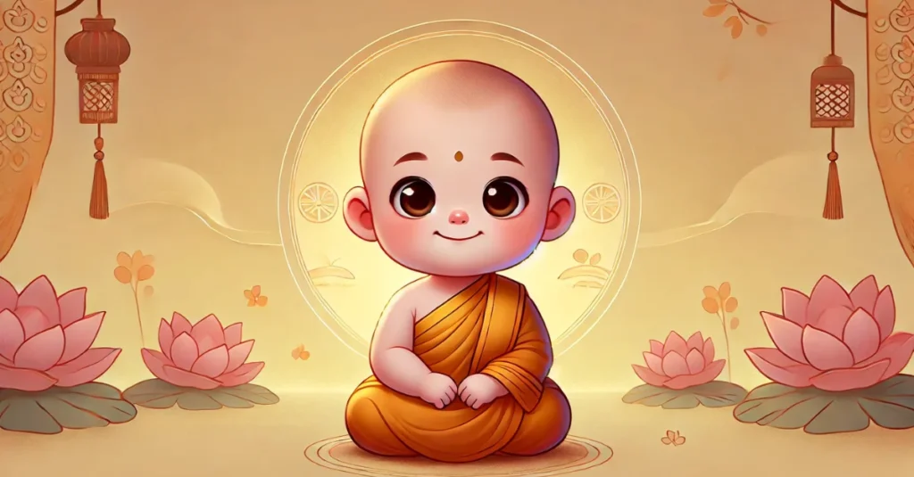 Cute Buddhist baby boy in a saffron robe, representing Marathi Buddhist culture