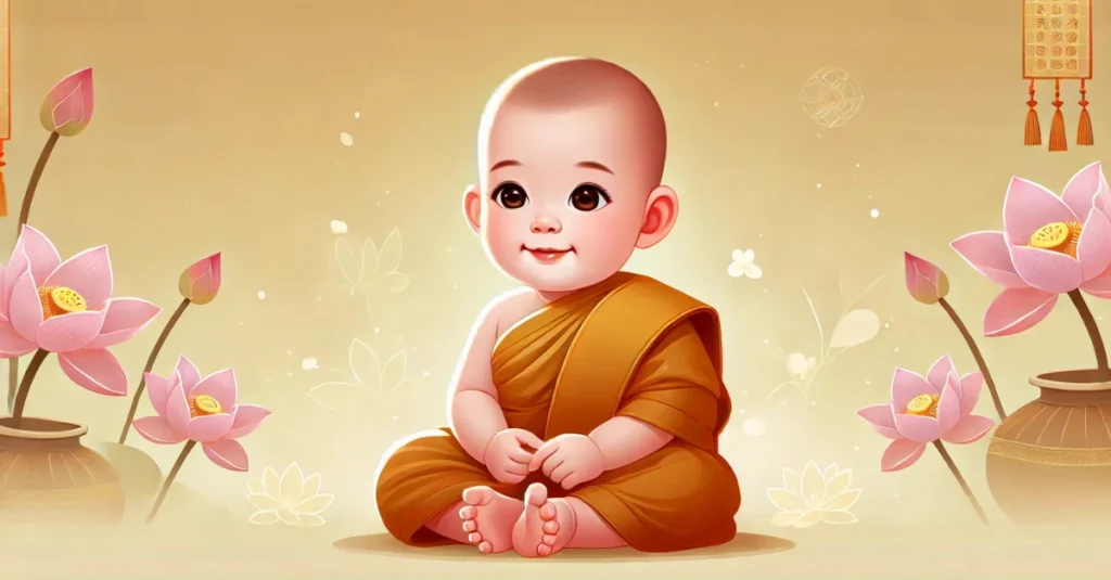 1-year-old Buddhist baby girl in a saffron robe, symbolizing Buddhist culture and traditions