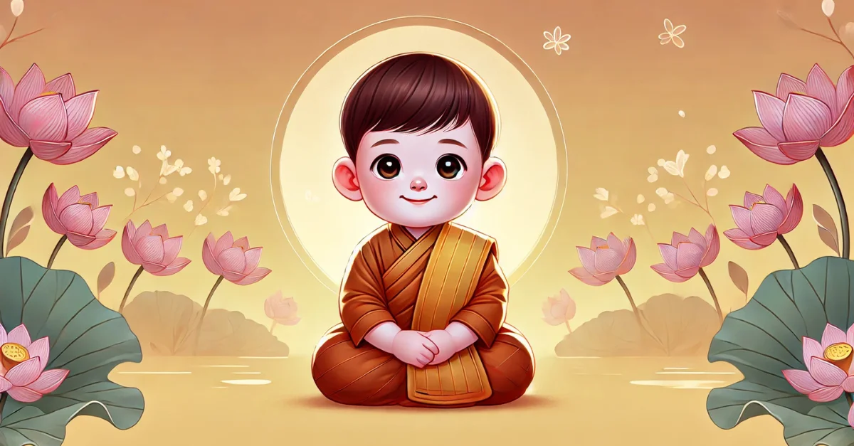 Cute Buddhist baby sitting peacefully, wearing a saffron robe, with lotus flowers in the background