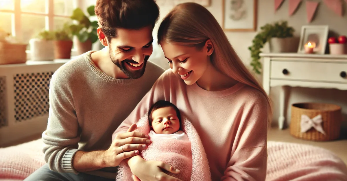 A newborn baby girl being lovingly cradled by her parents, representing unique Marathi baby girl names